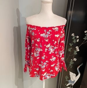 Lauren Ralph Lauren Womens Small Red Floral OffThe Shoulder Blouse Tie 3/4SLV 96